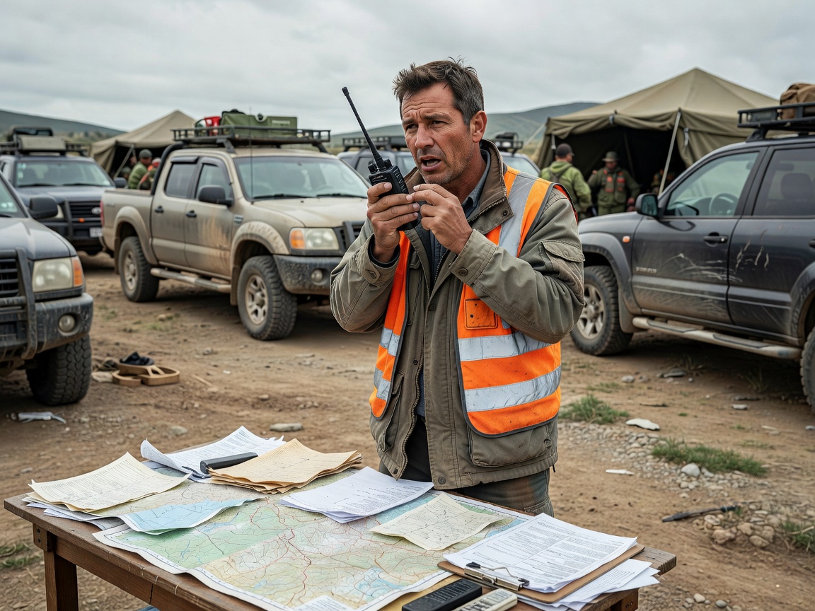 Coordinator managing vehicle movements via radio at basecamp