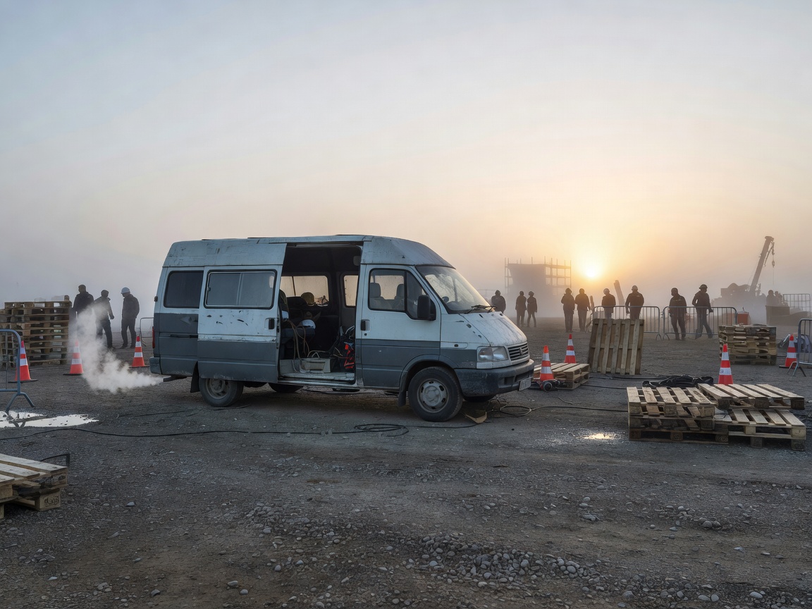 Crew minibus parked at a temporary staging area at dawn