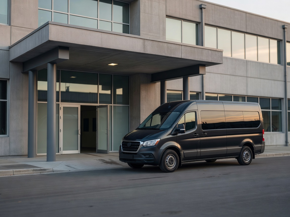 Crew transport vehicle waiting near a studio entrance