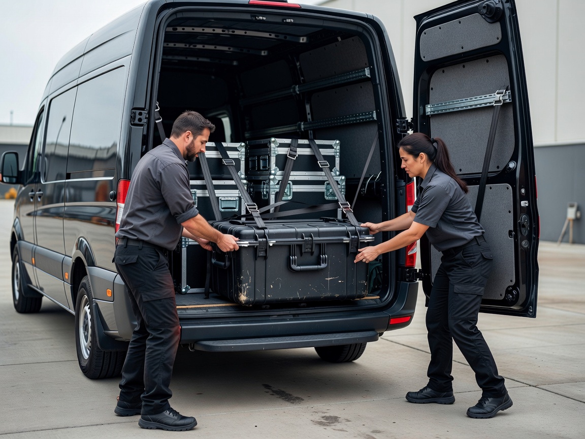 Film equipment being securely loaded into a modern transport vehicle