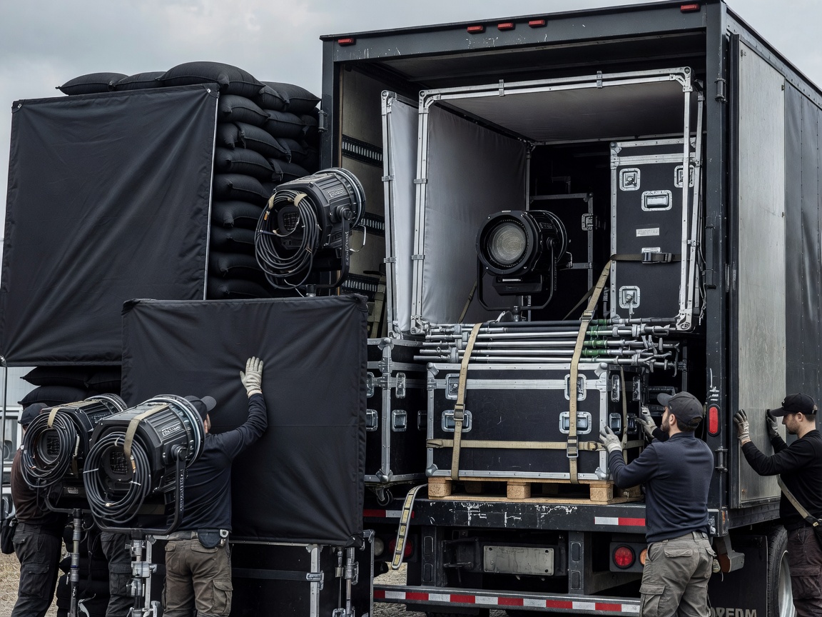 Heavy grip and lighting equipment being loaded securely