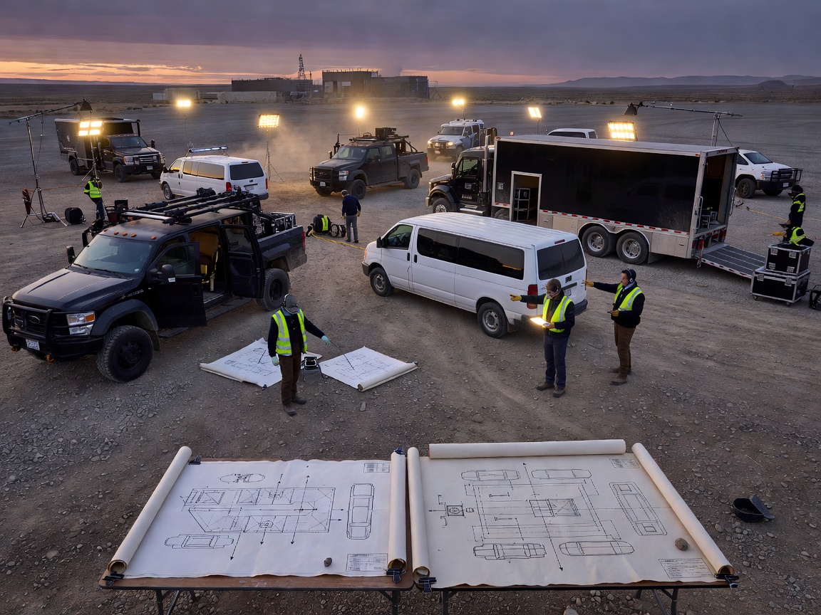 On-set vehicle coordination at dusk with staging diagrams