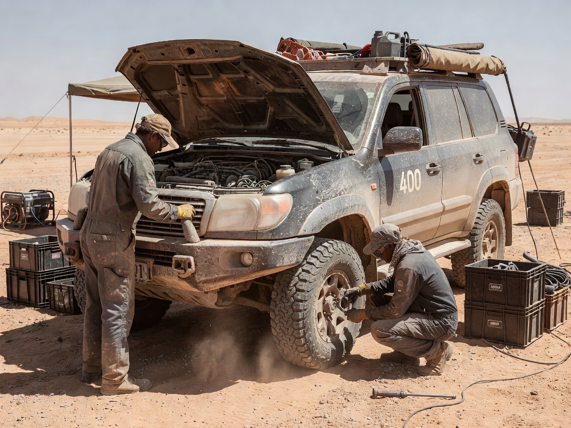 Production vehicle undergoing preparation at basecamp
