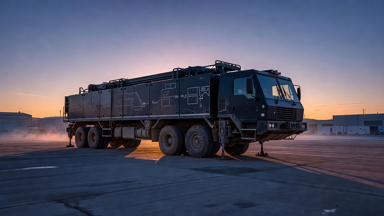 Specialist production transport vehicle parked at dawn
